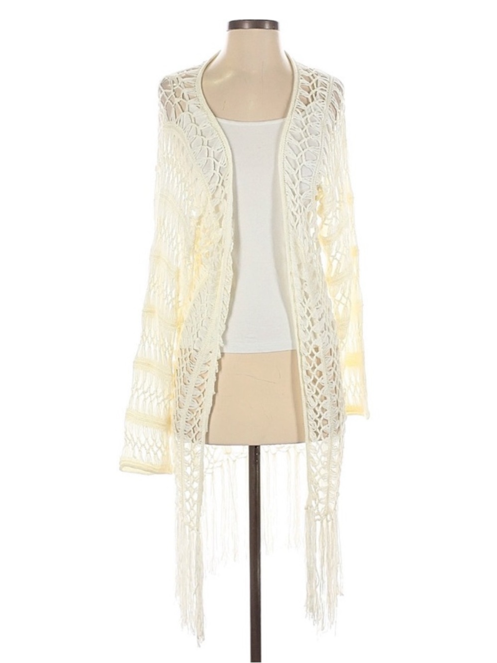 POL Cream Crochet Fringe Open Cardigan Coverup Beach Vacation Travel Resortwear